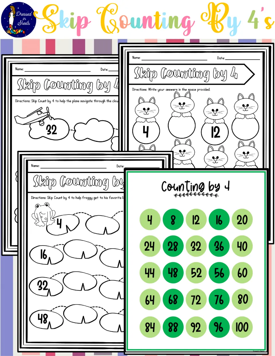 Skip Counting By 4's cover showing a plane-and-clouds page, a cats page, a frog lily pad path and a 4 to 100 chart