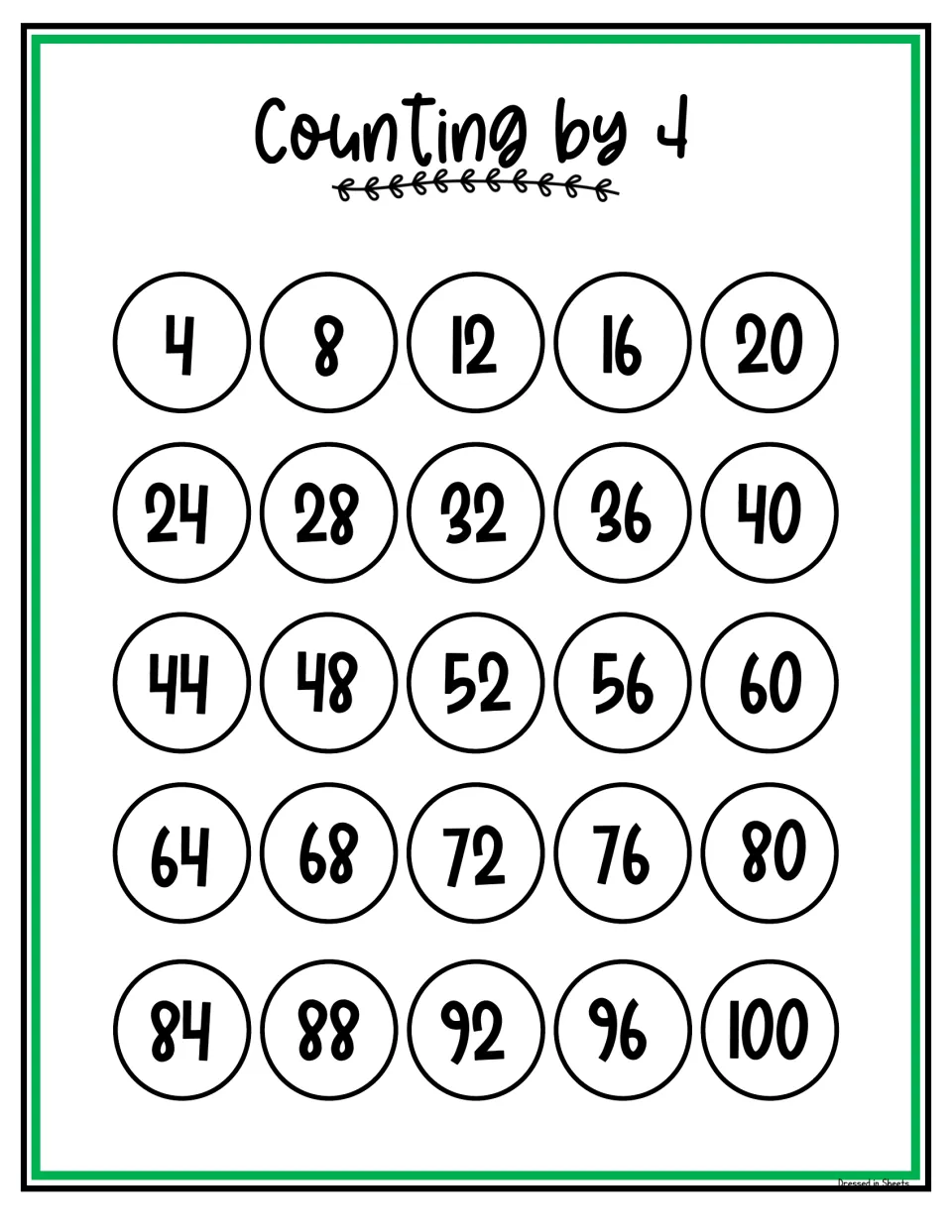 Black-and-white counting by 4 chart: multiples of 4 from 4 to 100 in order, each number inside a plain circle