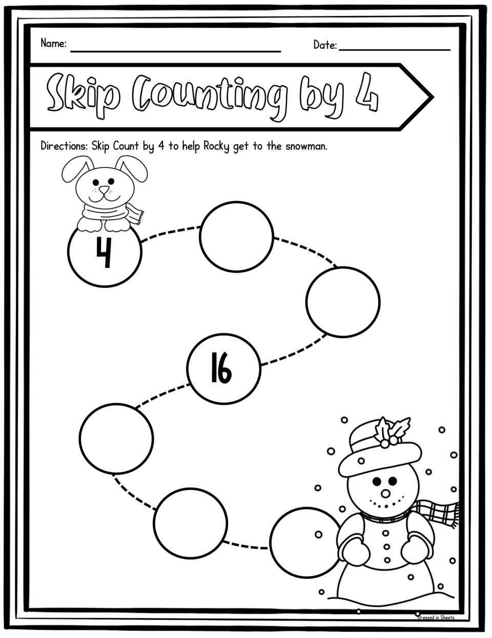 Snowman path: students skip count by 4 to fill missing numbers from 4 to 28, with 4 and 16 given, to reach the snowman