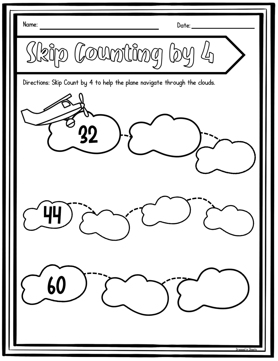 Plane and clouds path: students skip count by 4 from 32 to 68, filling blank clouds after the given 32, 44 and 60