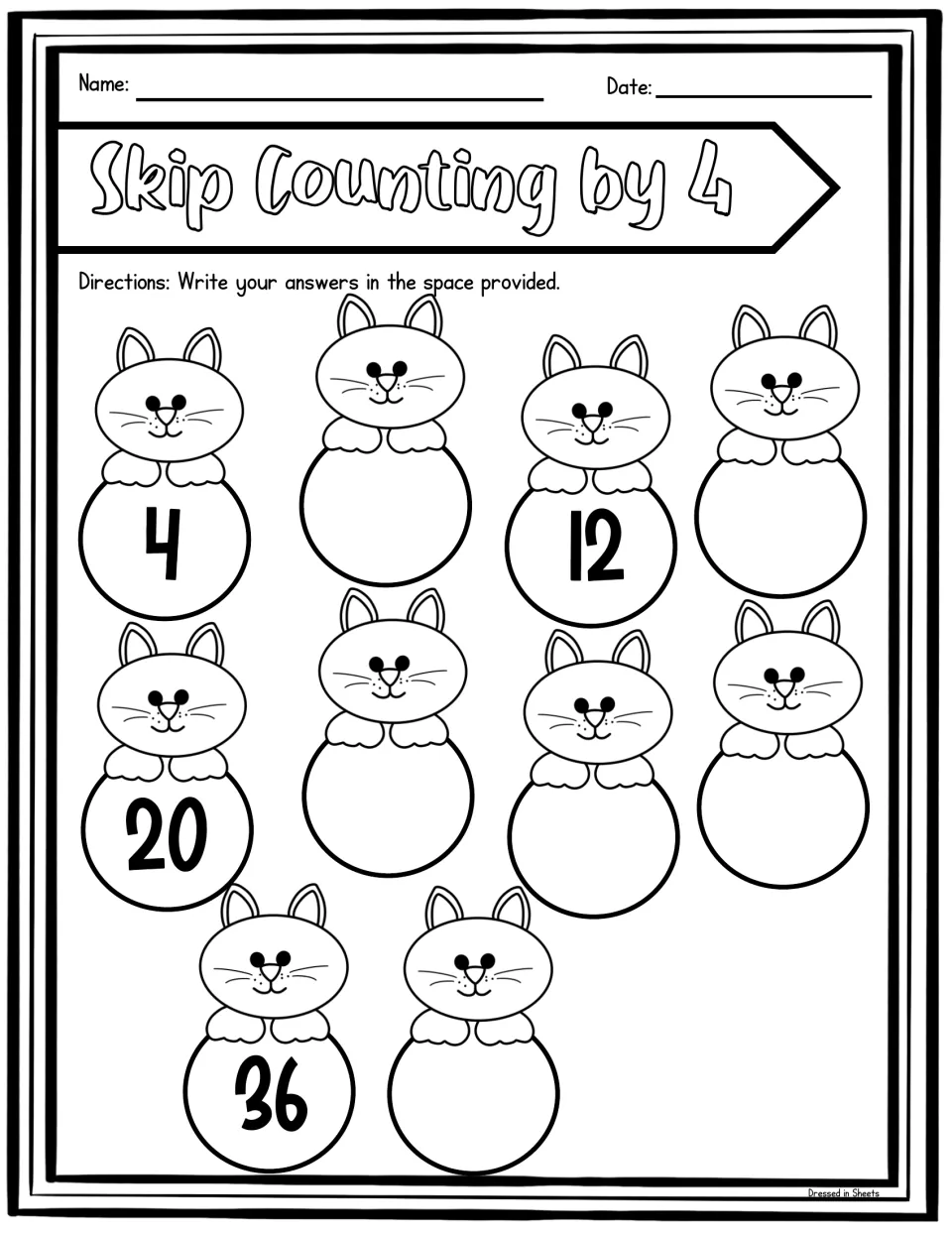 Cats counting page: students write the missing multiples of 4 from 4 to 40, with 4, 12, 20 and 36 given on the cats