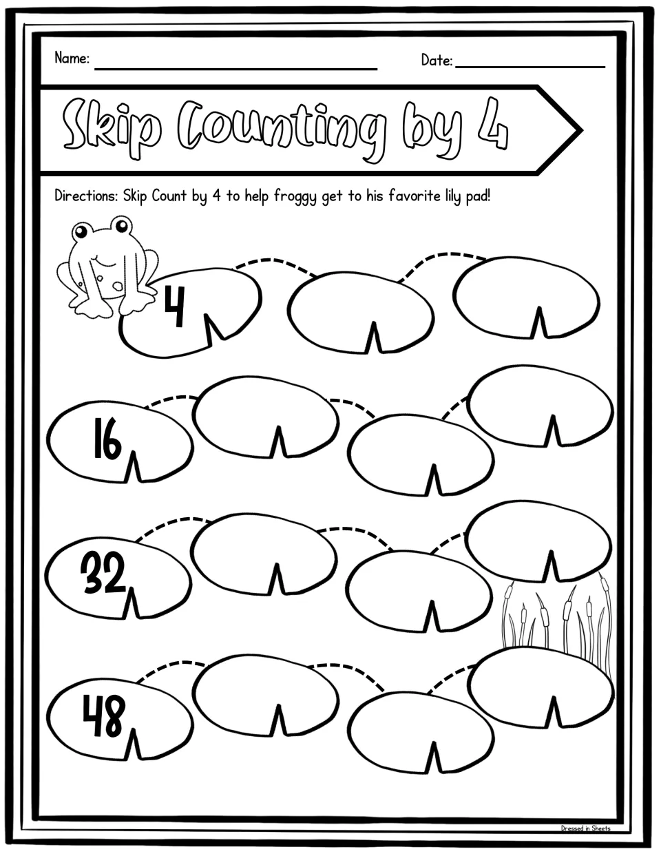 Frog lily pad path: students skip count by 4 from 4 to 60 on lily pads, with 4, 16, 32 and 48 filled in