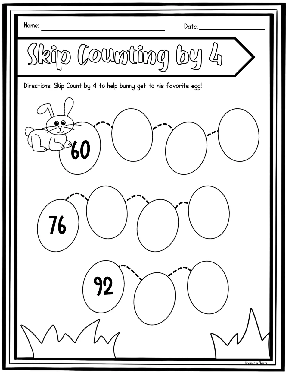 Bunny and eggs path: students skip count by 4 from 60 to 100 on eggs, starting from the given 60, 76 and 92
