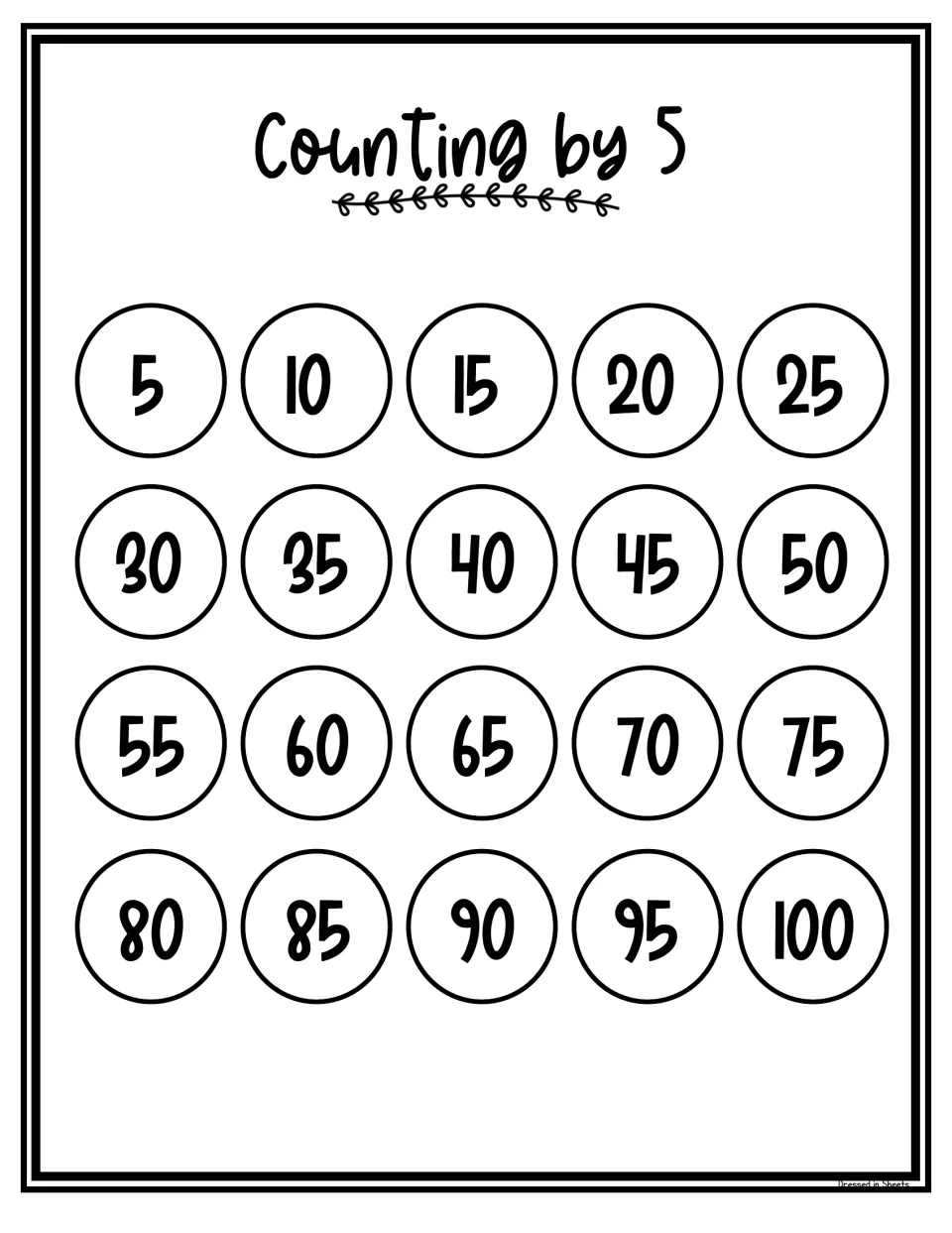 Black-and-white Counting by 5 chart with the multiples 5 through 100 in 20 numbered circles to read in order