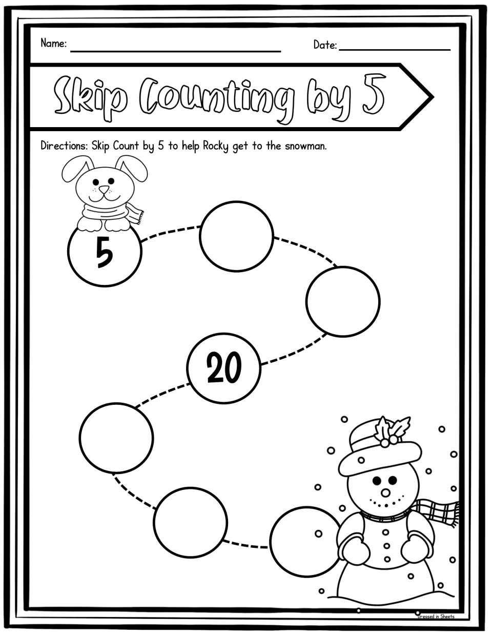 Skip counting by 5 path: students fill in the blank circles after 5 and 20 to lead Rocky along to the snowman