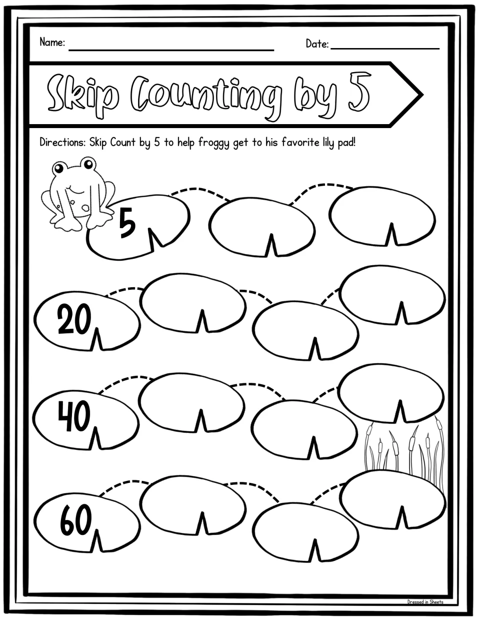 Skip counting by 5 lily pads: students fill in the blank pads so froggy hops from 5, with 20, 40 and 60 as clues