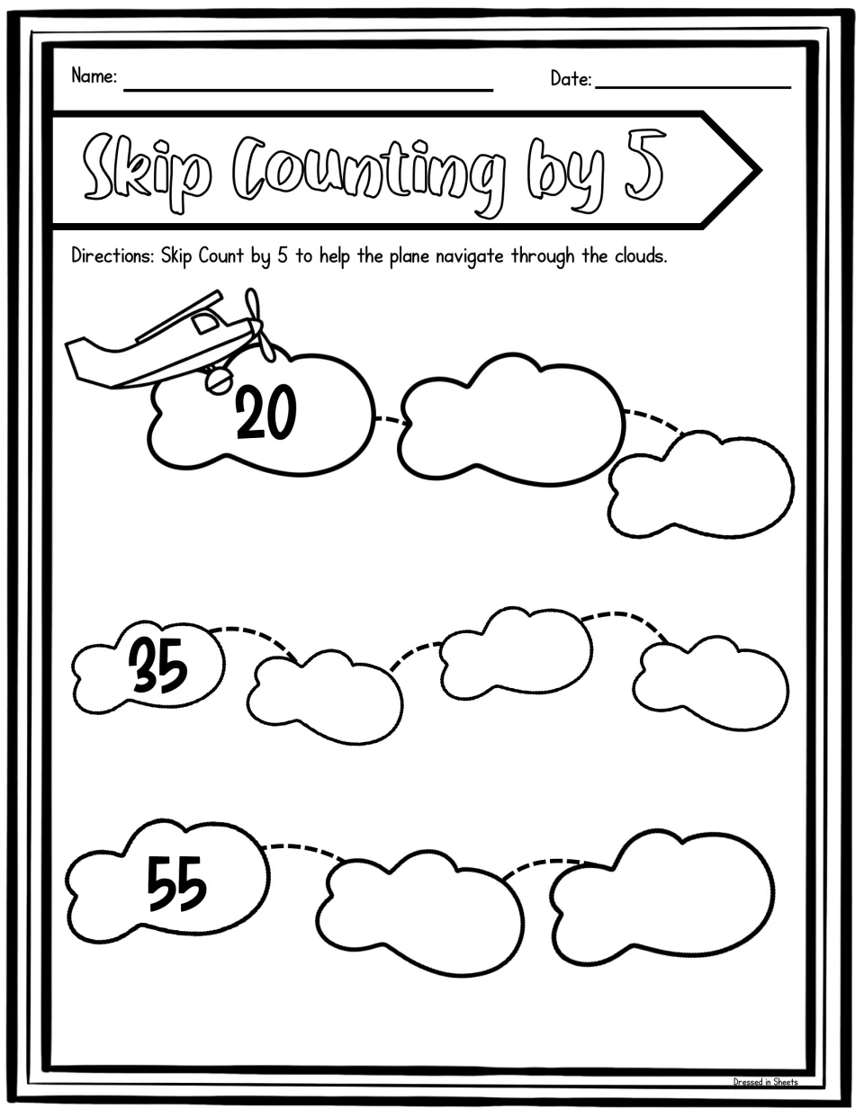 Skip counting by 5 through clouds: students fill each row of blank clouds after 20, 35 and 55 to guide the plane