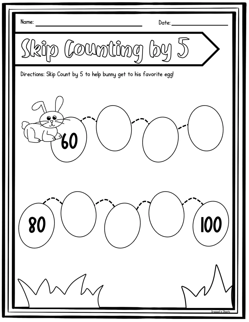 Skip counting by 5 on eggs: students fill the blank eggs from 60 to 100, with 80 given, to lead the bunny