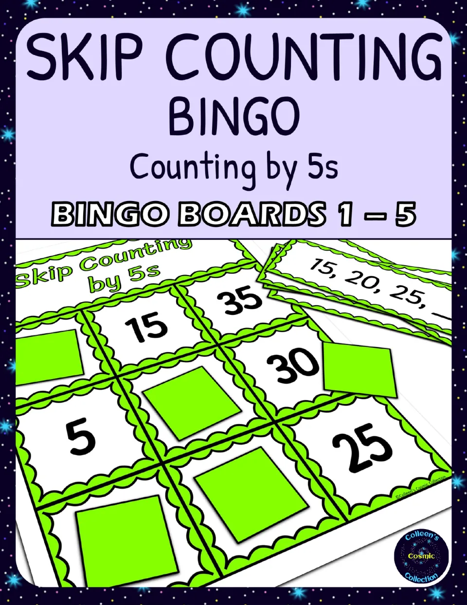 Skip Counting Bingo cover, Counting by 5s, Bingo Boards 1-5, showing a board of multiples of 5 with green markers and cards