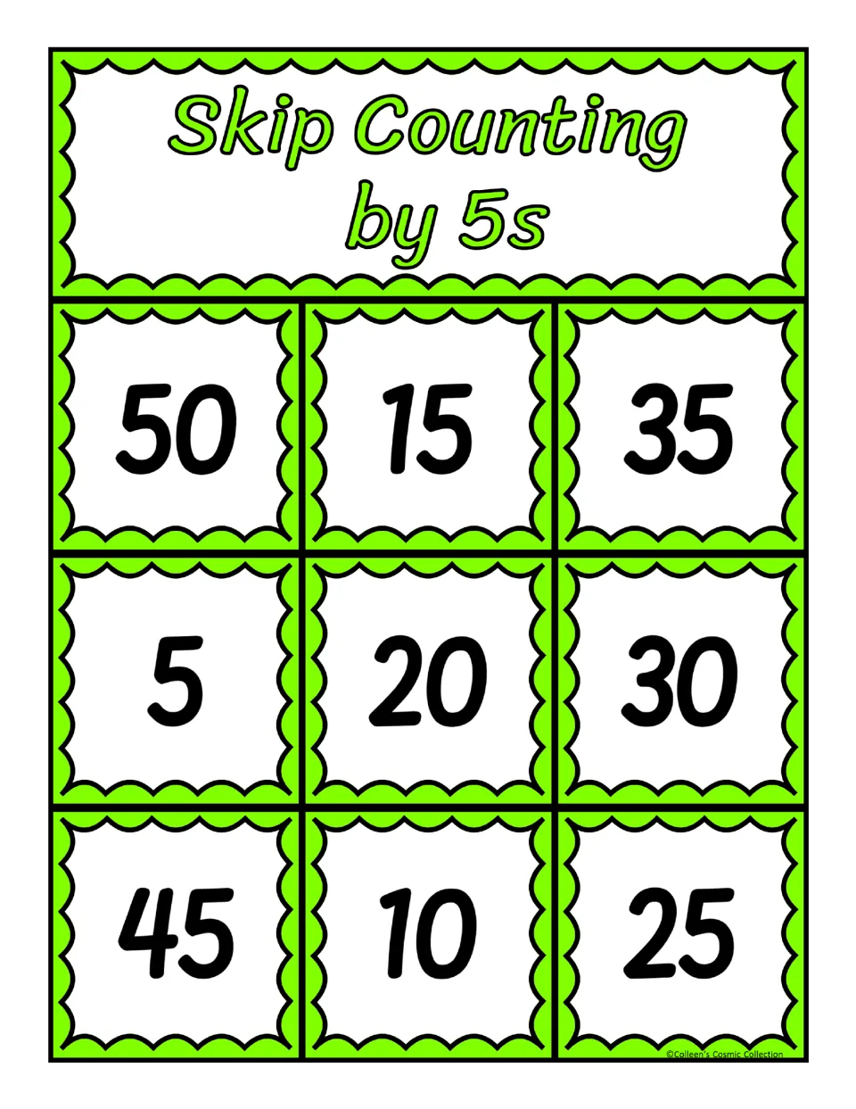 Board 1 for skip counting by 5s: nine multiples of 5 from 5 to 50, led by 50, 15, 35, for students to cover when called