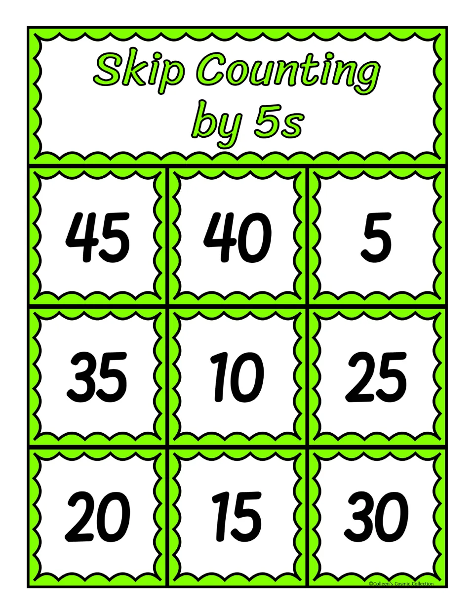 Bingo board 2 for counting by 5s: students mark 45, 40, 5, 35, 10, 25, 20, 15 and 30 as calling cards are drawn