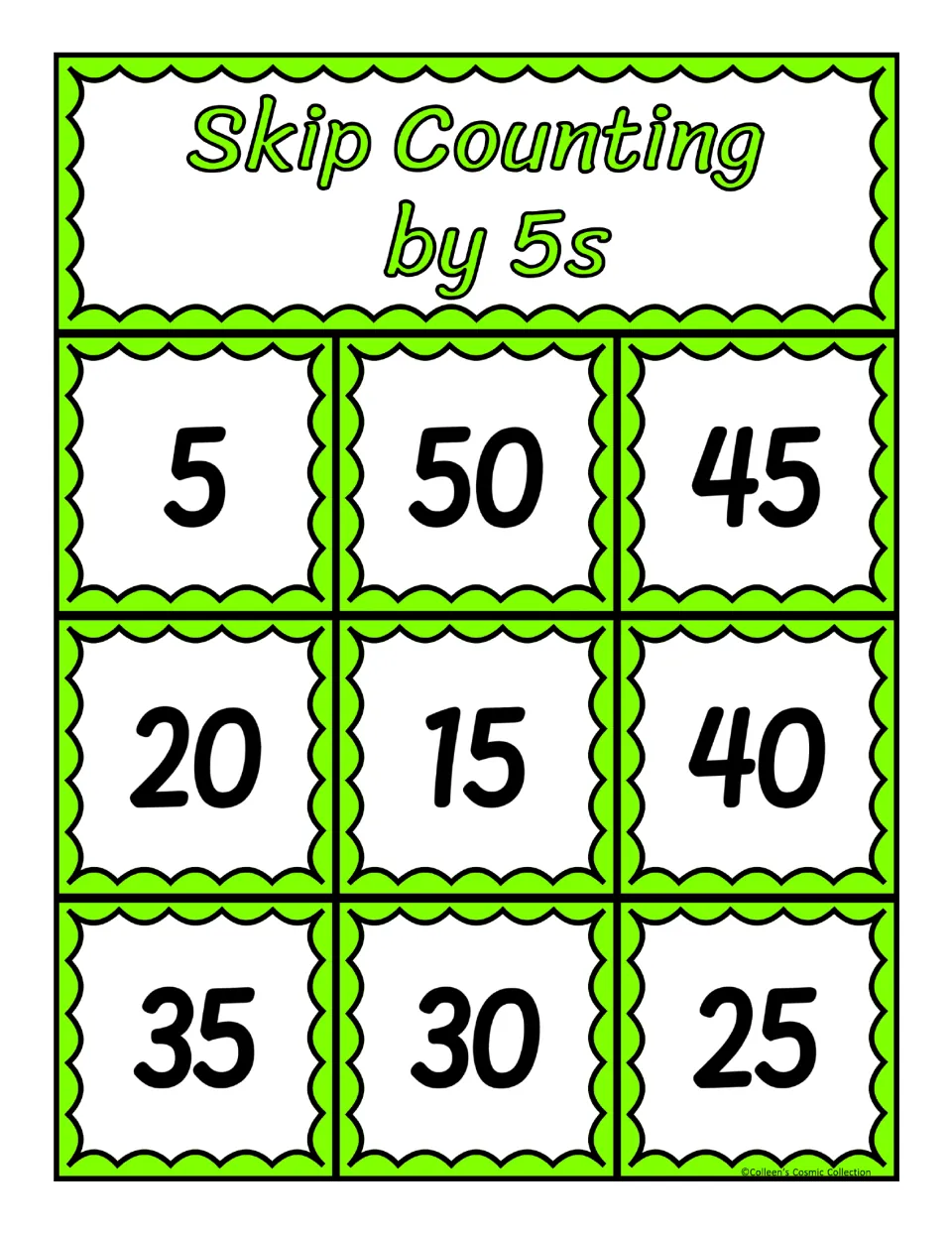 Board 3 of multiples of 5: students find and cover 5, 50, 45, 20, 15, 40, 35, 30 or 25 to match the missing number called