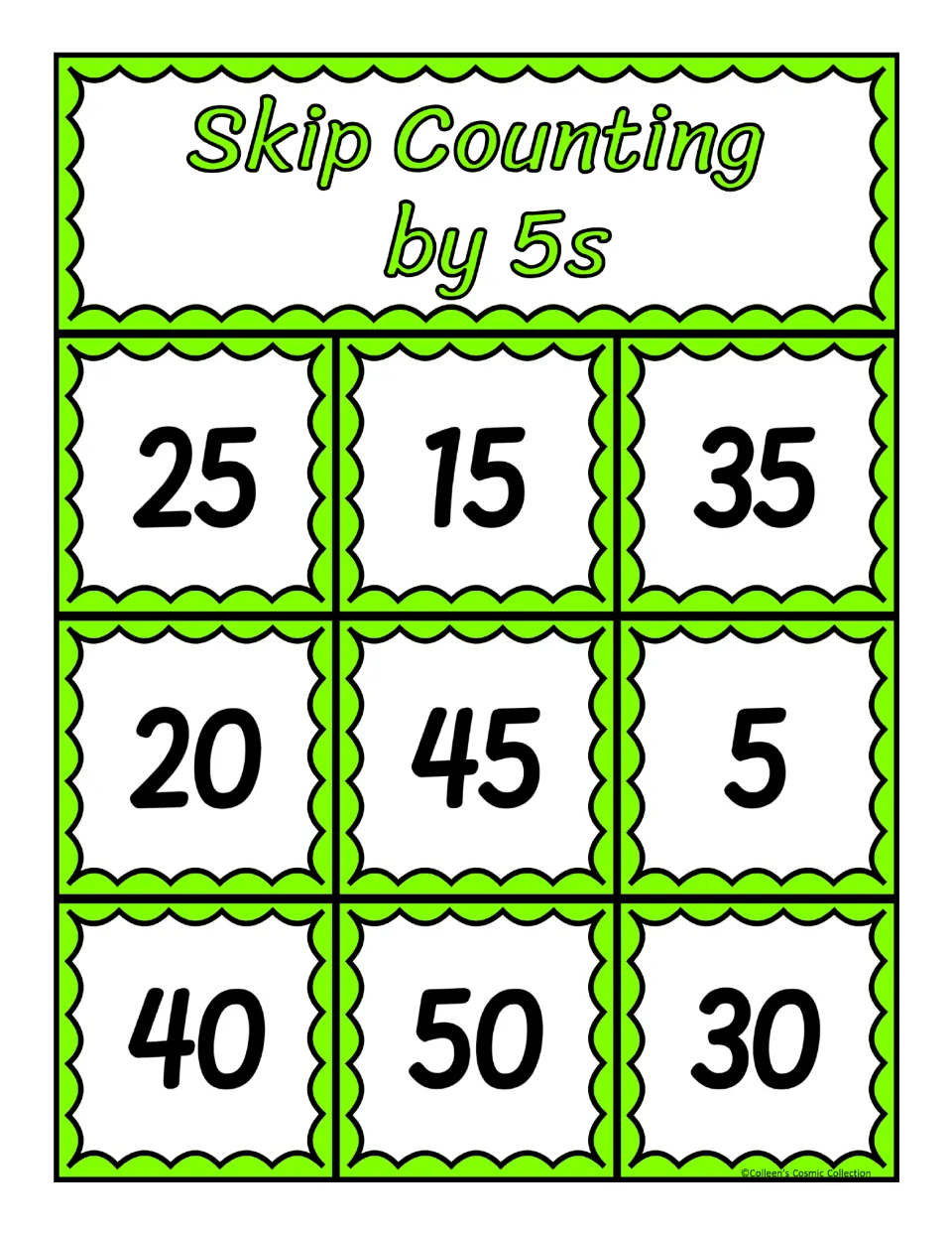 Counting by 5s board 4 with 25, 15, 35, 20, 45, 5, 40, 50 and 30; students cover three in a row to call out Bingo