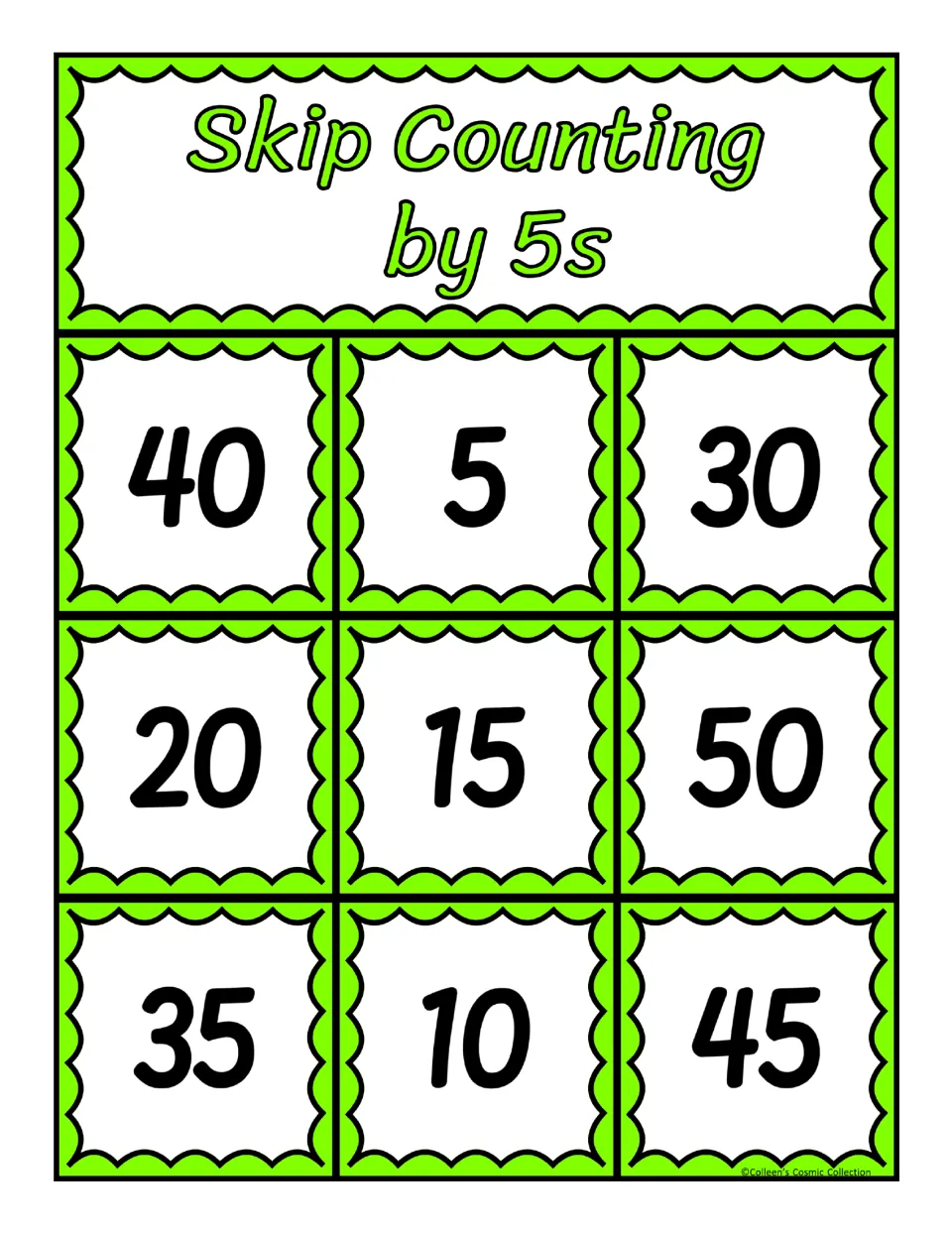 Fifth bingo board for skip counting by 5s with 40, 5, 30, 20, 15, 50, 35, 10 and 45 for students to cover during play