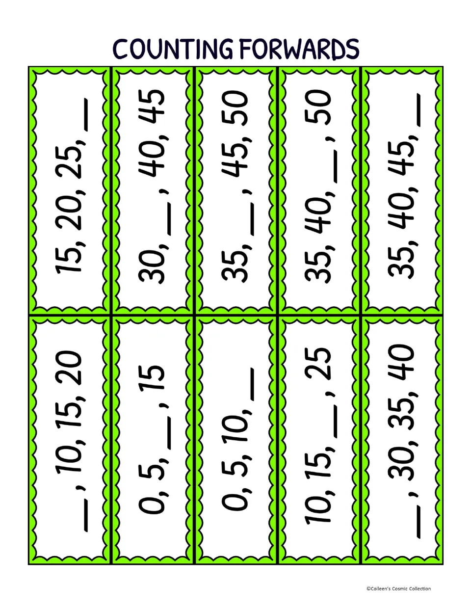 Counting forwards calling cards: 10 sequences by 5s with a missing number, such as 15, 20, 25, __ and 0, 5, __, 15