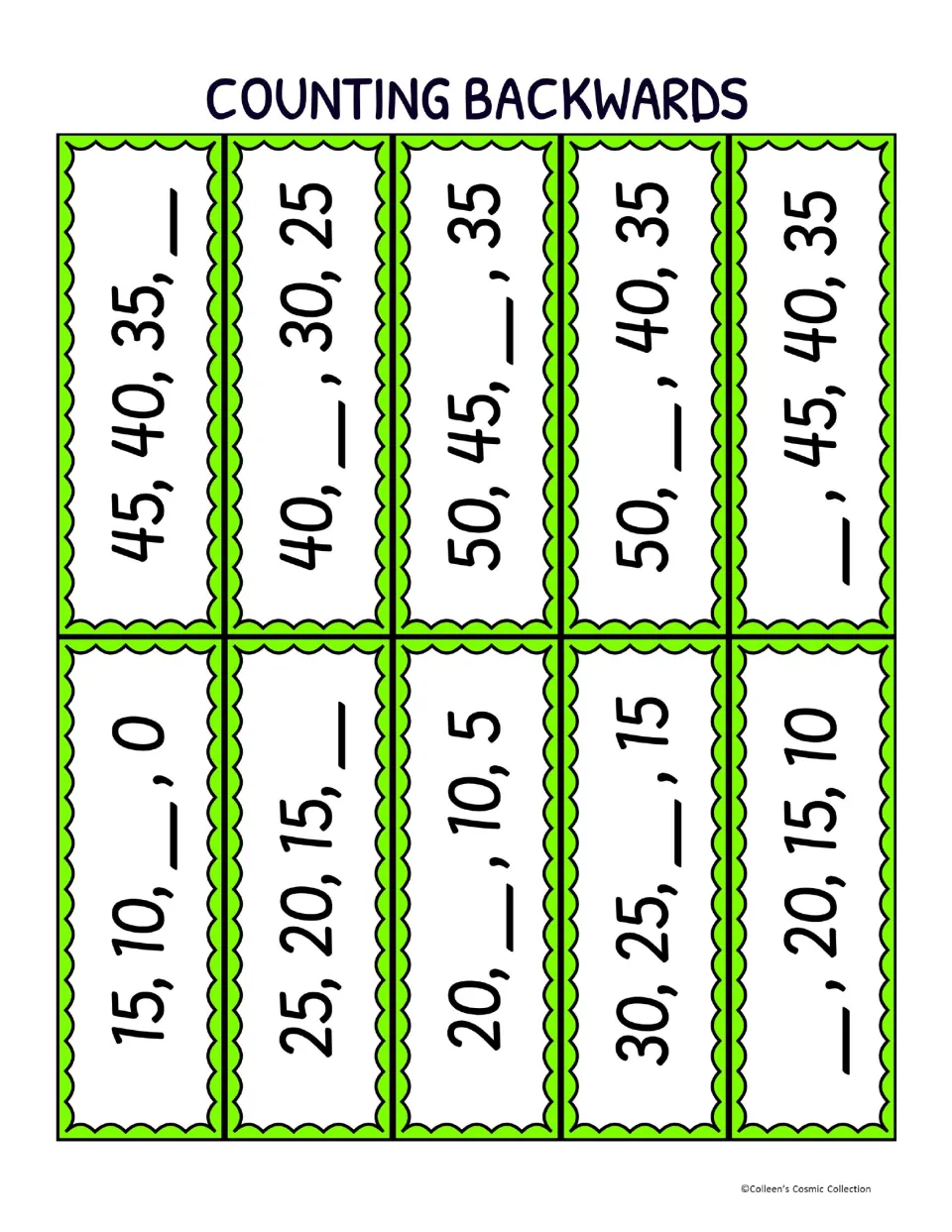 Counting backwards calling cards: 10 sequences counting down by 5s with a blank, such as 45, 40, 35, __ and 15, 10, __, 0