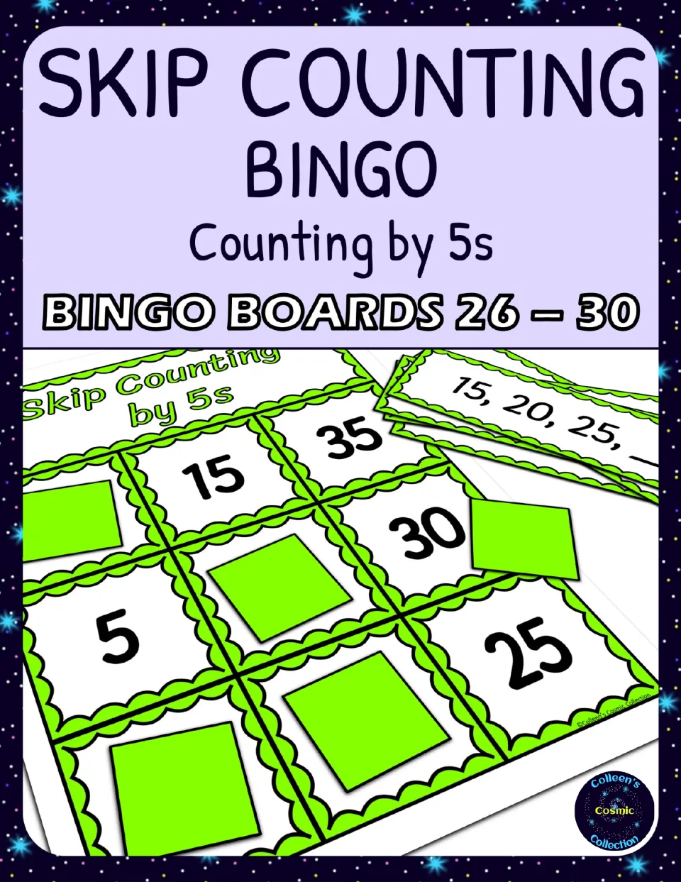 Skip Counting Bingo, Counting by 5s, boards 26–30 cover showing a green board with covered numbers and calling cards