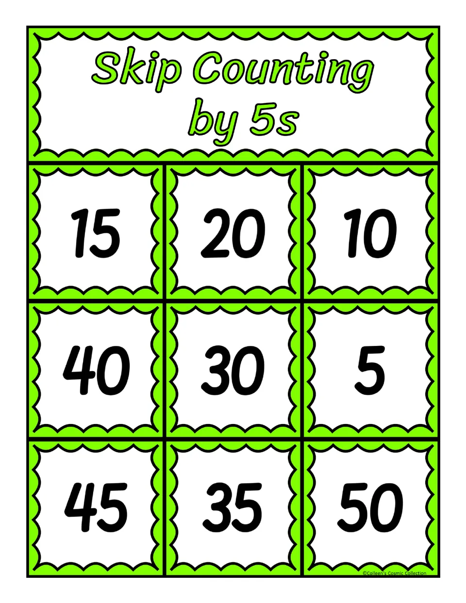 Counting by 5s bingo board: students cover 15, 20, 10, 40, 30, 5, 45, 35 and 50 as matching sequence cards are called