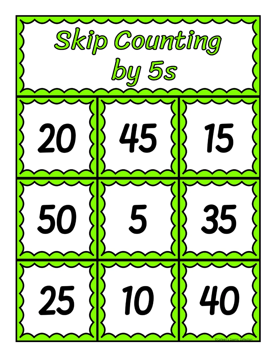 Skip counting by 5s bingo board with 20, 45, 15, 50, 5, 35, 25, 10 and 40 to cover when a card's blank matches