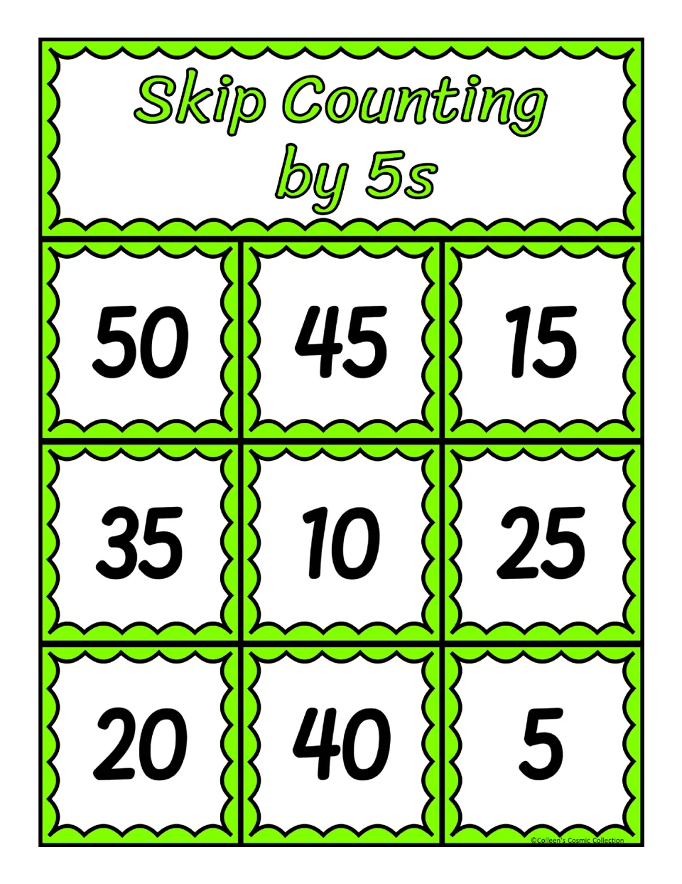 Bingo board for counting by 5s: players mark 50, 45, 15, 35, 10, 25, 20, 40 and 5, aiming for three covered in a row