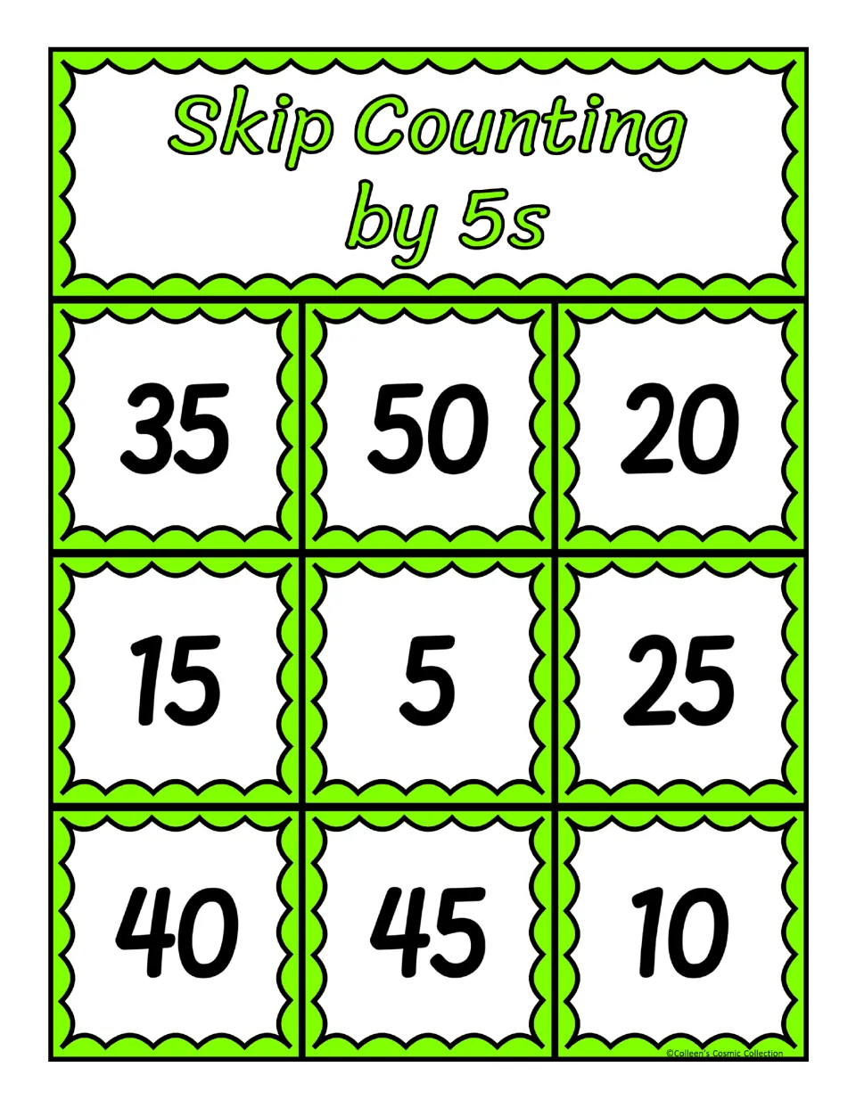 Counting by 5s bingo card listing 35, 50, 20, 15, 5, 25, 40, 45 and 10; students find each called answer and cover it