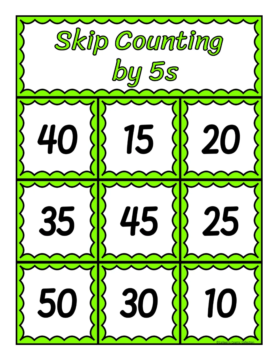 Skip counting by 5s board showing 40, 15, 20, 35, 45, 25, 50, 30 and 10 for students to cover as missing numbers are found