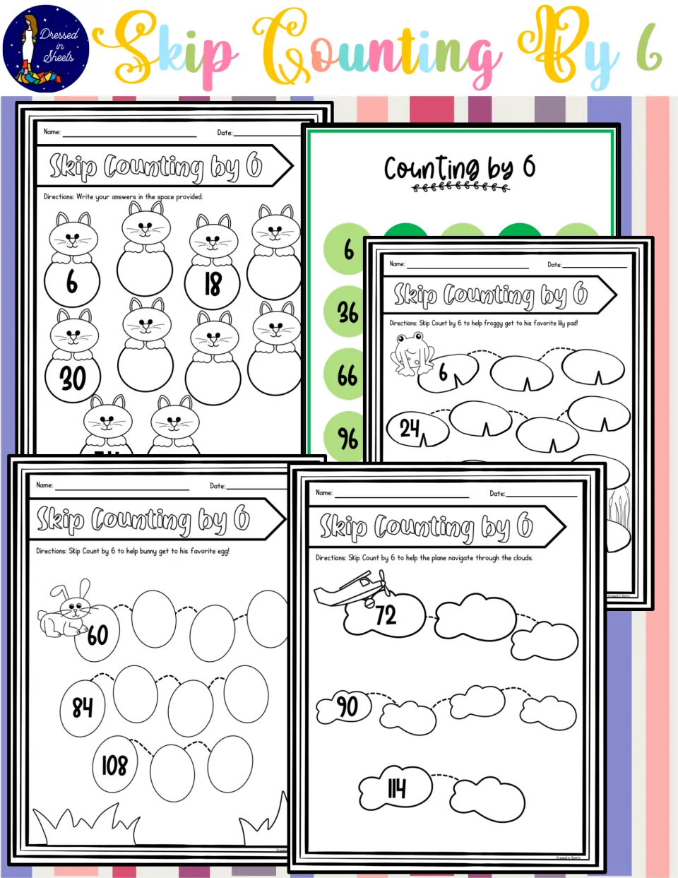 Cover for counting by 6 that previews a number chart and cat, lily pad, egg and cloud paths with some numbers missing