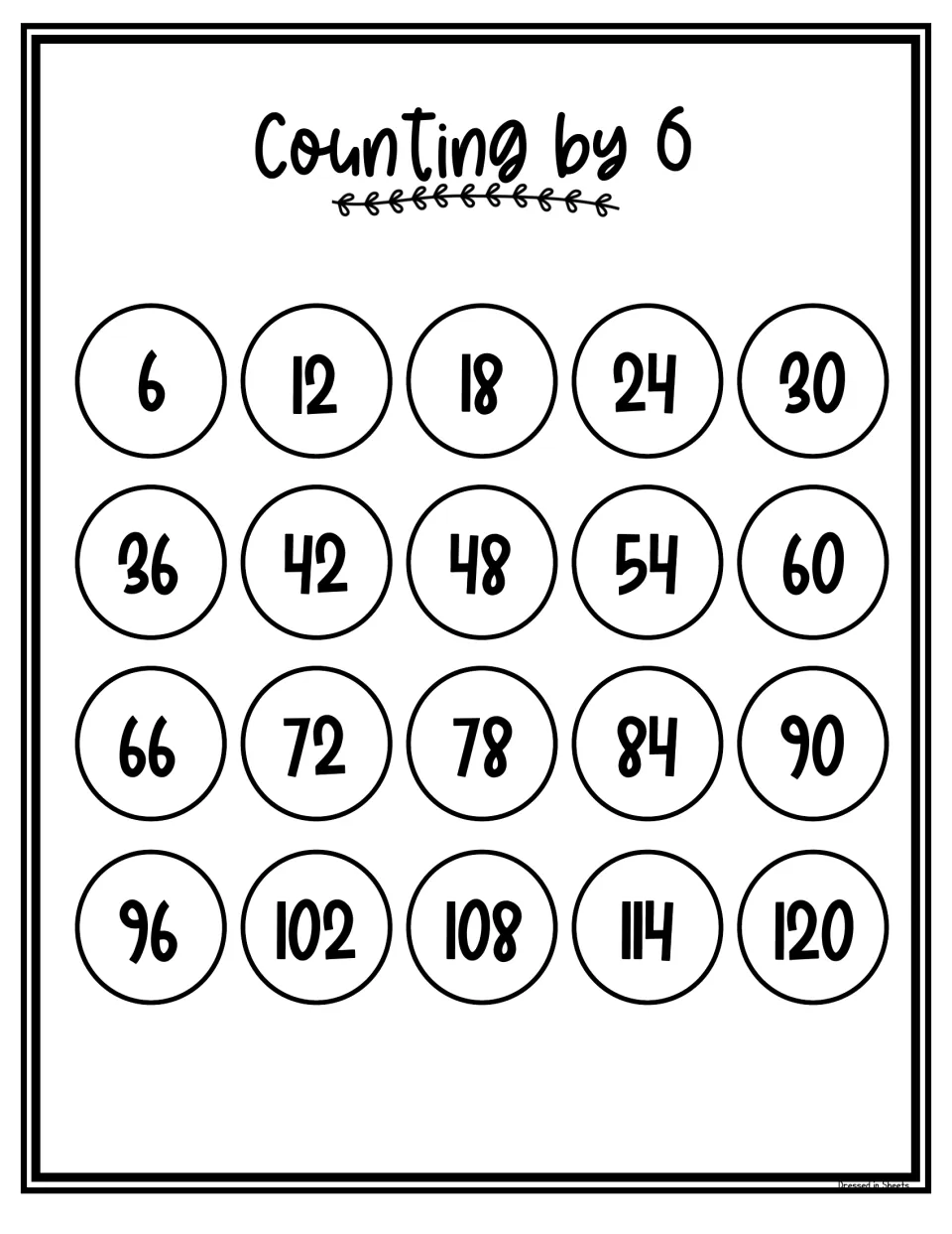 Black-and-white Counting by 6 chart showing multiples from 6 to 120 that students can color while saying the sequence