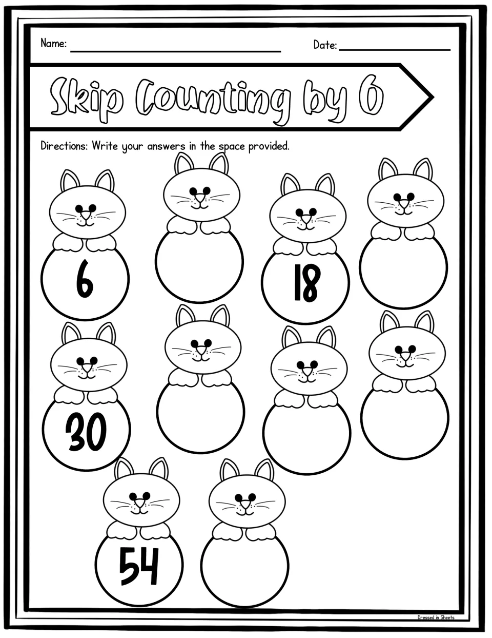 Cat sequence: students write the missing multiples of 6 on ten cats, with 6, 18, 30 and 54 printed as starting clues