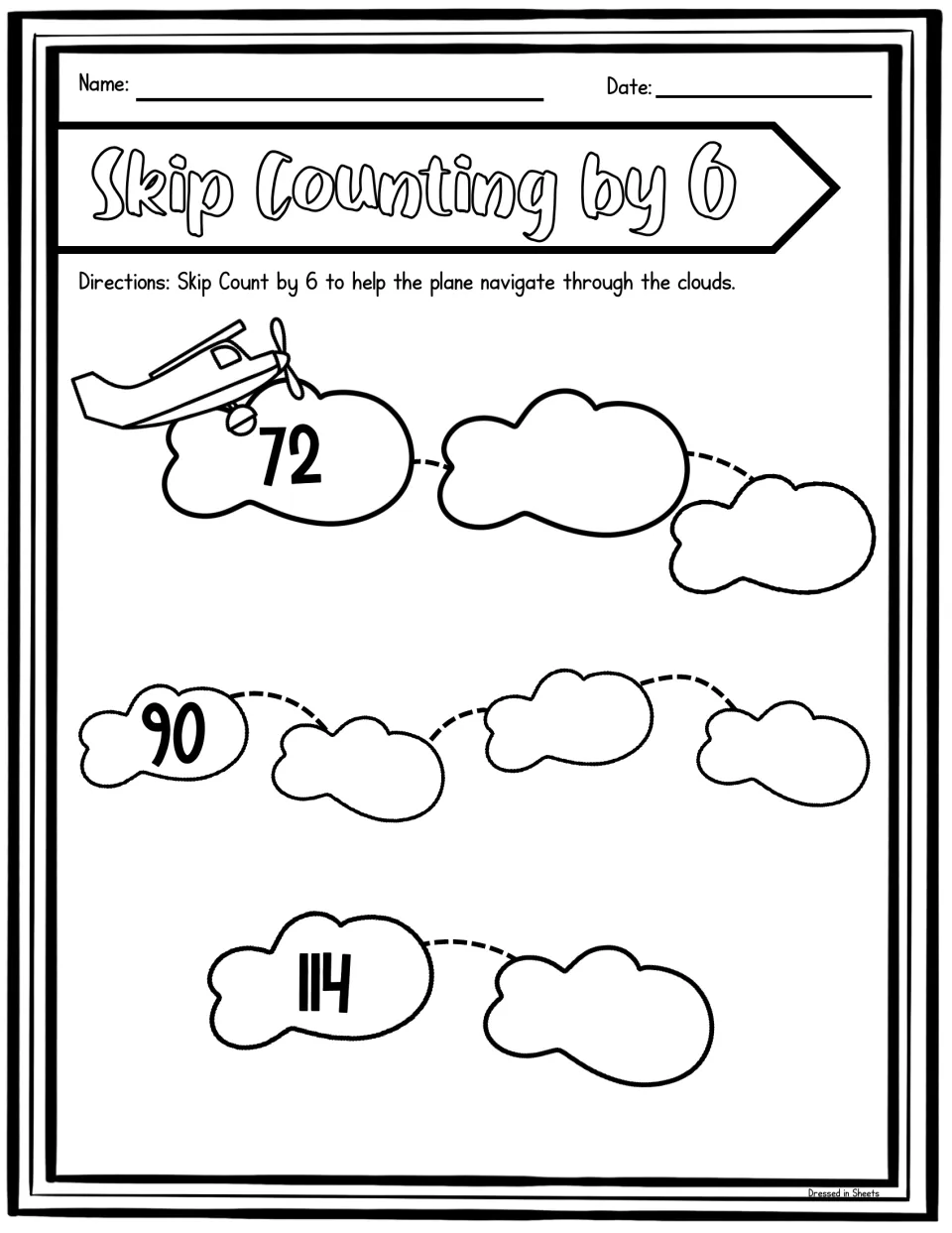 Plane through the clouds: students keep counting by 6 from 72, filling blank clouds, with 90 and 114 as checkpoints