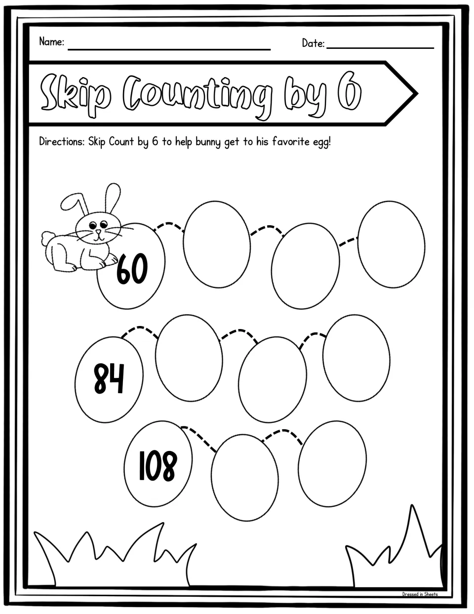 Egg path: bunny starts at 60 and students write each next multiple of 6 in blank eggs, with 84 and 108 given as clues
