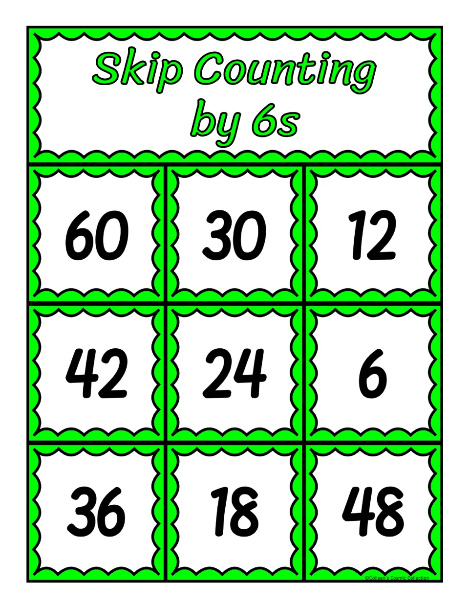 First bingo board for counting by 6s, featuring 60, 30, 12, 42, 24, 6, 36, 18, and 48 as numbers to cover