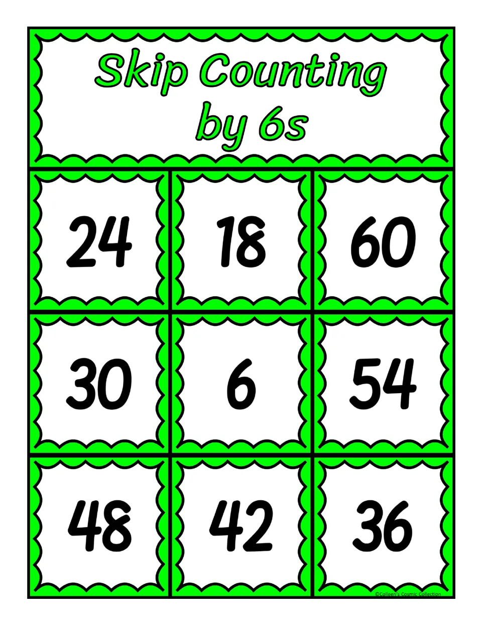 Second bingo board for counting by 6s, featuring 24, 18, 60, 30, 6, 54, 48, 42, and 36 as numbers to cover