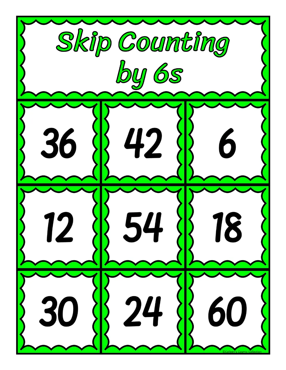 Third bingo board for counting by 6s, featuring 36, 42, 6, 12, 54, 18, 30, 24, and 60 as numbers to cover