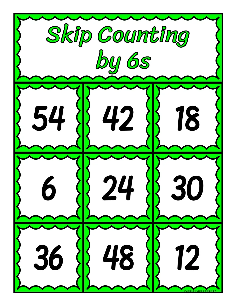 Fourth bingo board for counting by 6s, featuring 54, 42, 18, 6, 24, 30, 36, 48, and 12 as numbers to cover