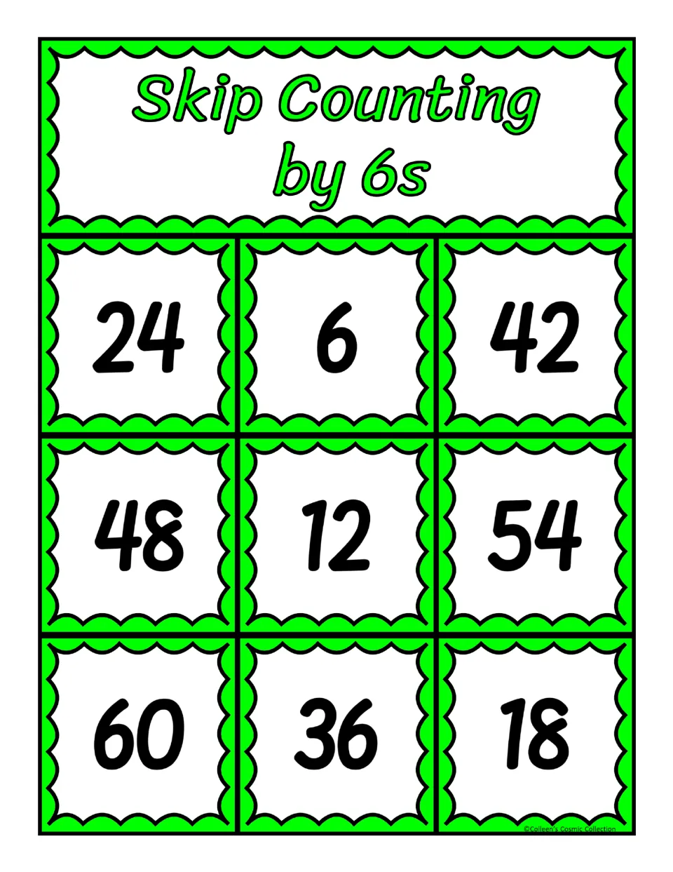 Fifth bingo board for counting by 6s, featuring 24, 6, 42, 48, 12, 54, 60, 36, and 18 as numbers to cover