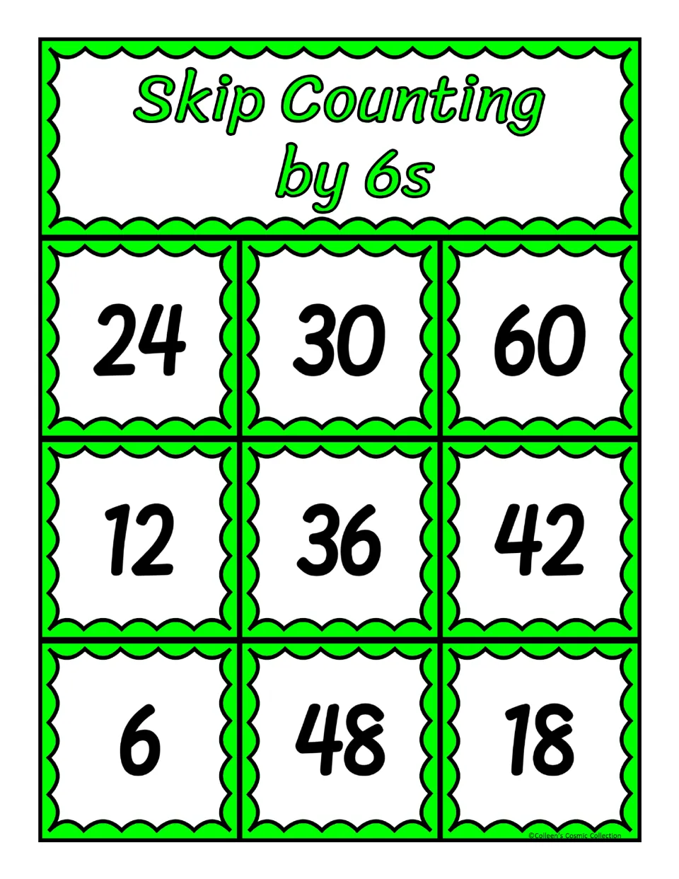 First bingo board for counting by 6s: 24, 30, 60, 12, 36, 42, 6, 48, and 18, with nine numbers to match