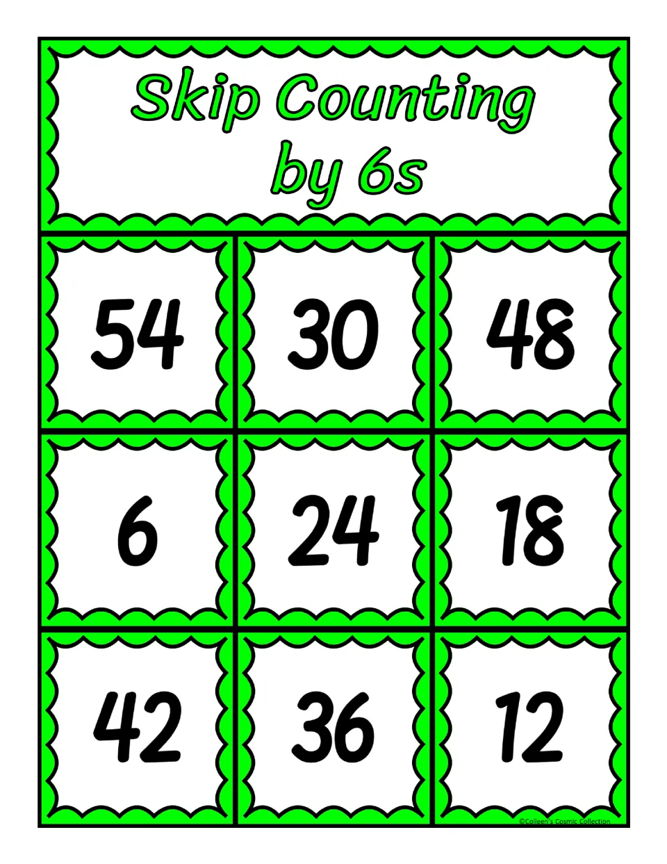 Second bingo board for counting by 6s: 54, 30, 48, 6, 24, 18, 42, 36, and 12, with nine numbers to match