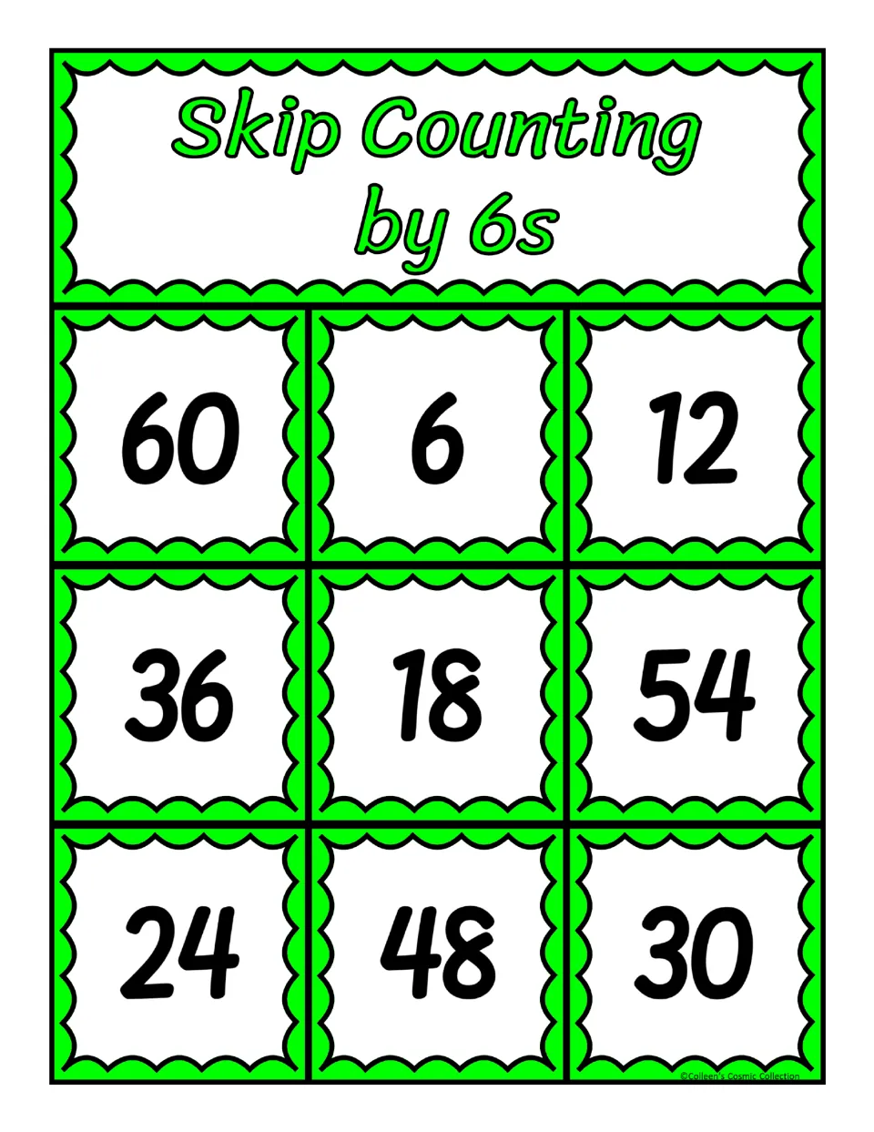 Third bingo board for counting by 6s: 60, 6, 12, 36, 18, 54, 24, 48, and 30, with nine numbers to match