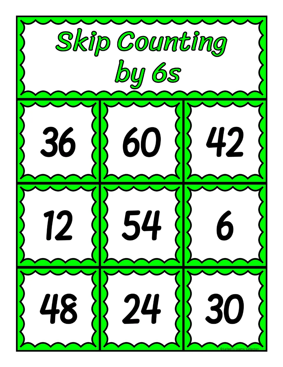 Fourth bingo board for counting by 6s: 36, 60, 42, 12, 54, 6, 48, 24, and 30, with nine numbers to match