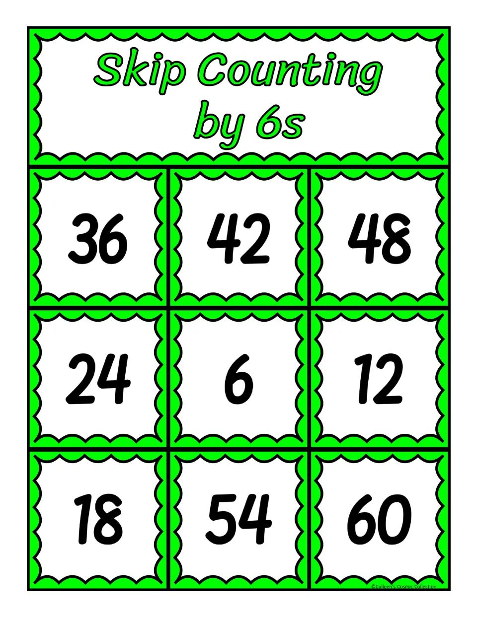 Fifth bingo board for counting by 6s: 36, 42, 48, 24, 6, 12, 18, 54, and 60, with nine numbers to match