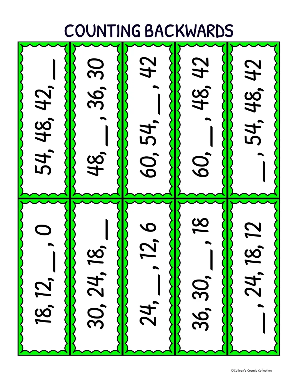 Ten bingo calling cards for counting backward by 6s, with missing numbers in sequences such as 18, 12, __, 0
