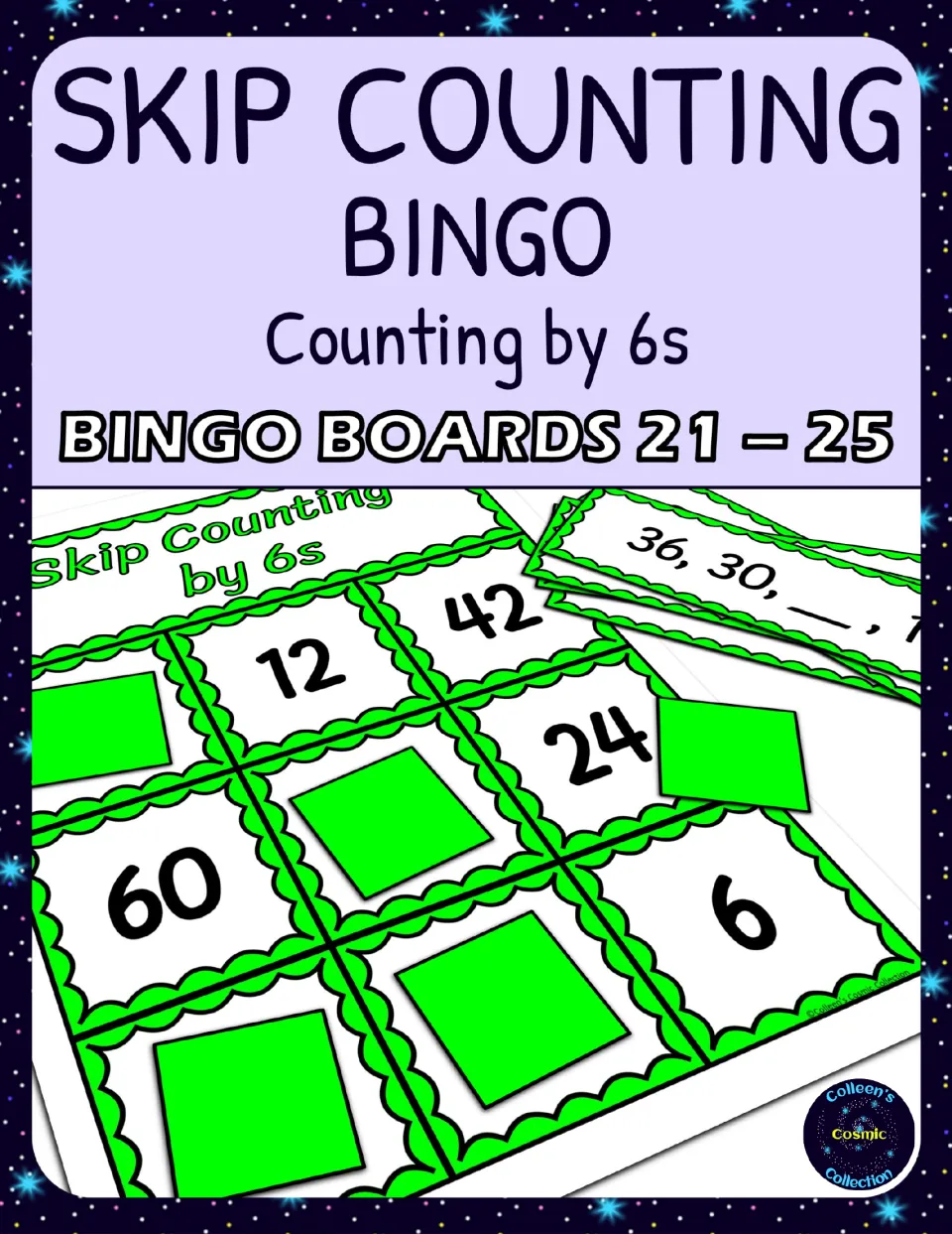 Skip Counting by 6s Bingo - Boards 21–25 cover showing a sample board, markers and a calling card