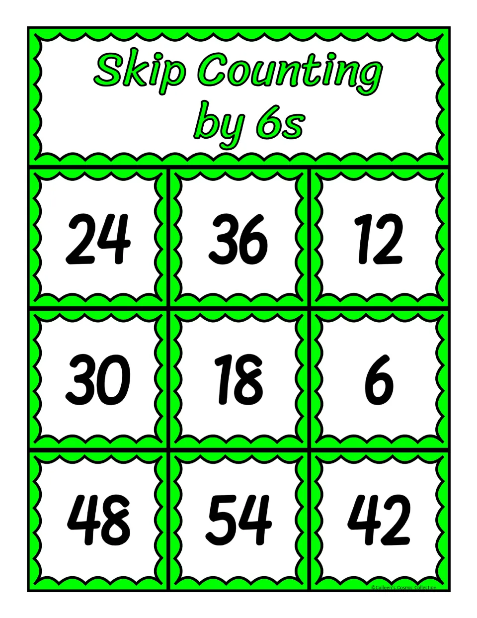 First bingo board for counting by 6s, featuring the numbers 24, 36, 12, 30, 18, 6, 48, 54 and 42