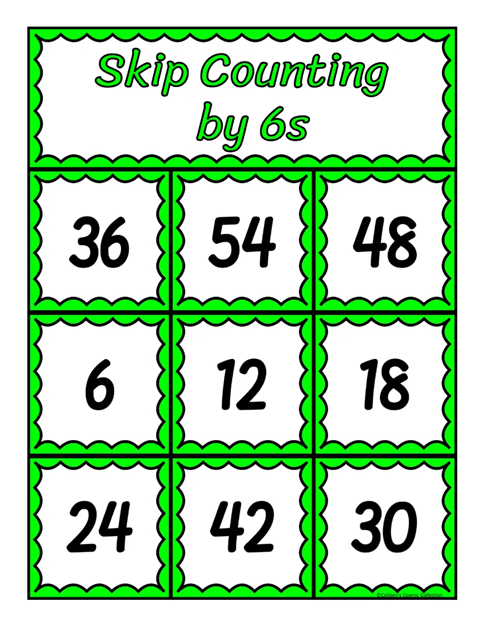 Second bingo board for counting by 6s, featuring the numbers 36, 54, 48, 6, 12, 18, 24, 42 and 30