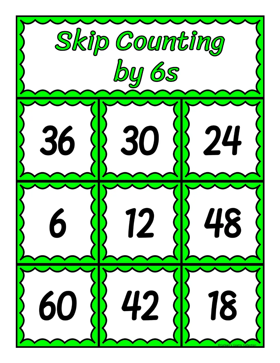 Third bingo board for counting by 6s, featuring the numbers 36, 30, 24, 6, 12, 48, 60, 42 and 18