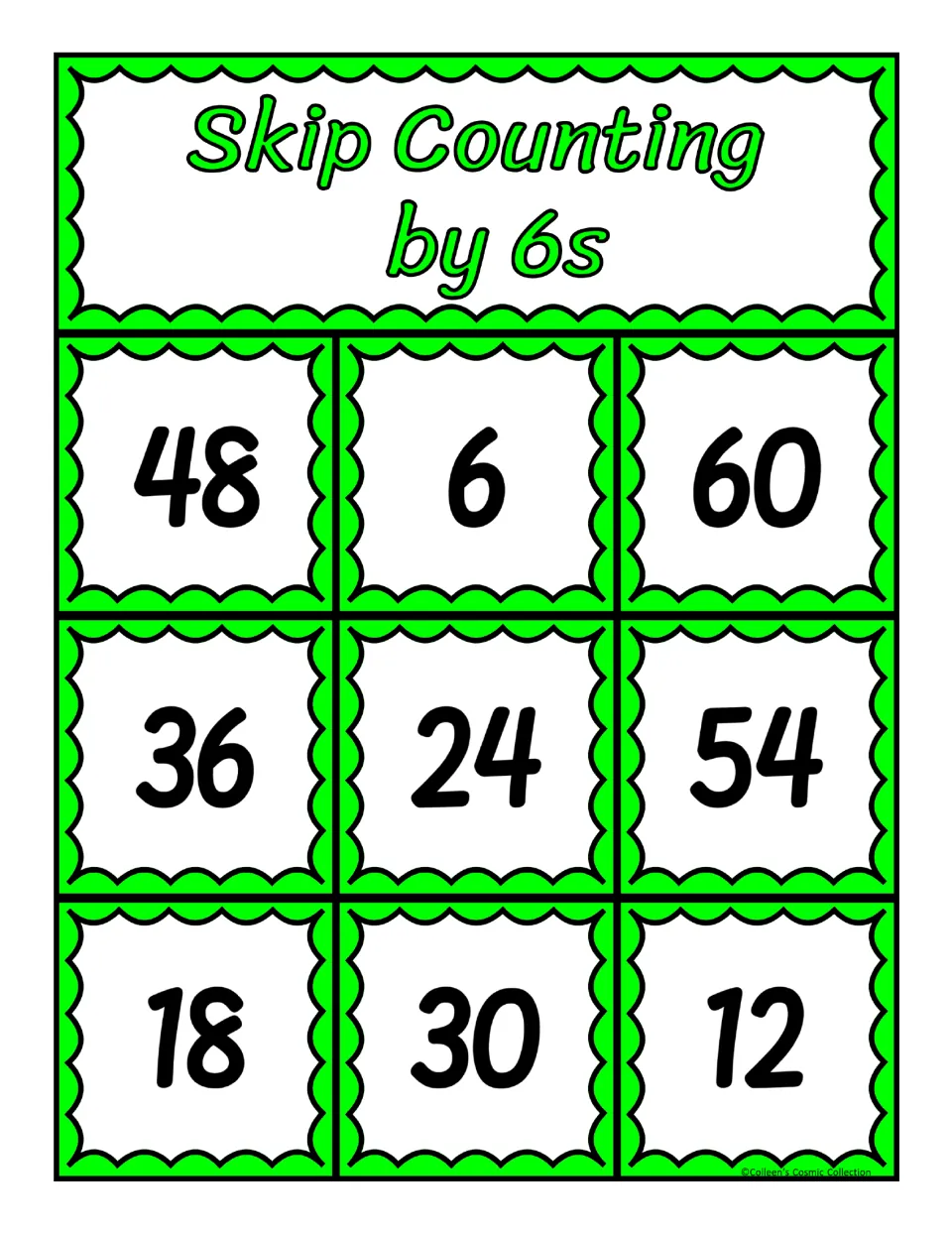 Fourth bingo board for counting by 6s, featuring the numbers 48, 6, 60, 36, 24, 54, 18, 30 and 12