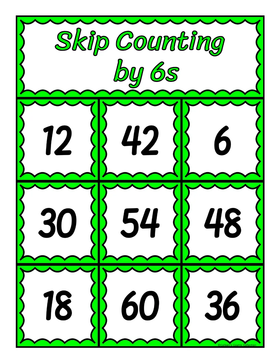 Fifth bingo board for counting by 6s, featuring the numbers 12, 42, 6, 30, 54, 48, 18, 60 and 36