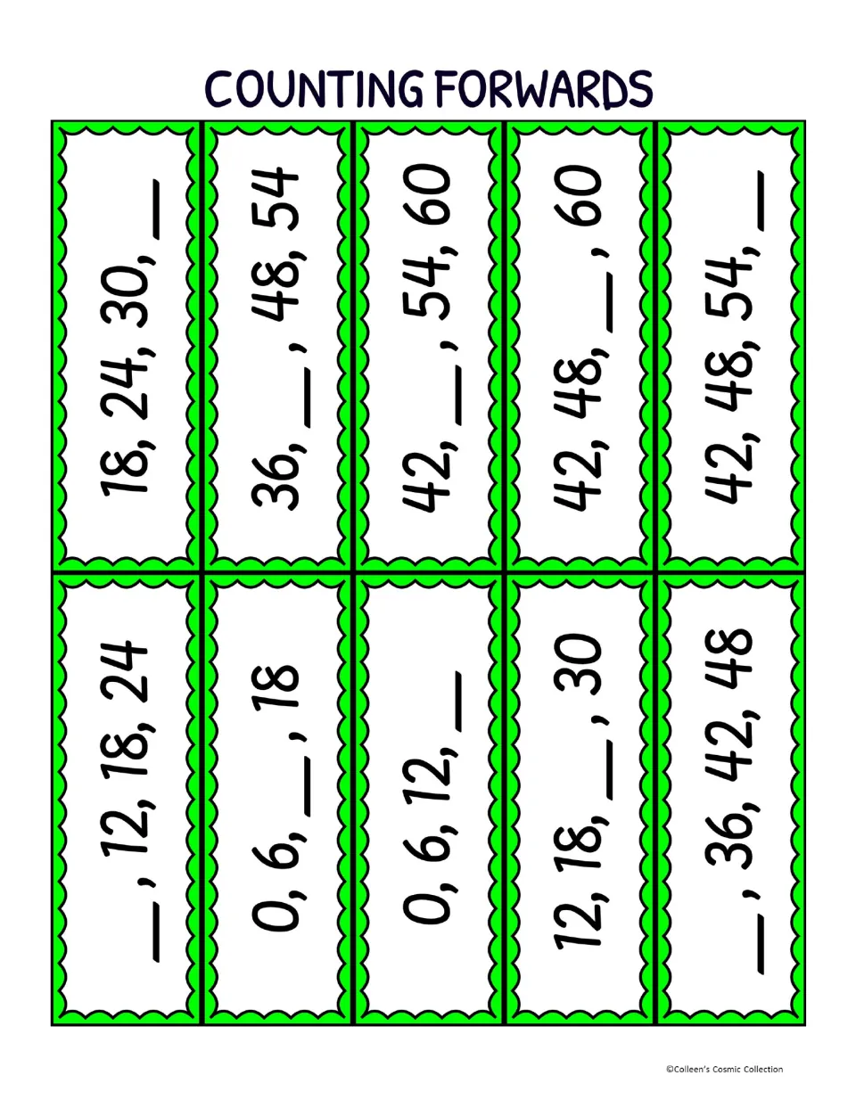 Ten bingo calling cards for counting forward by 6s, with missing-number sequences such as 18, 24, 30, blank