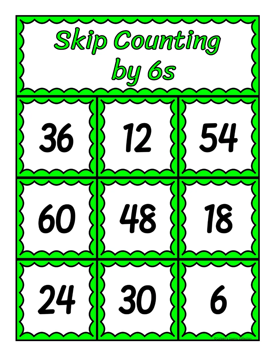 First of five bingo boards for counting by 6s, featuring 36, 12, 54, 60, 48, 18, 24, 30, and 6 to cover
